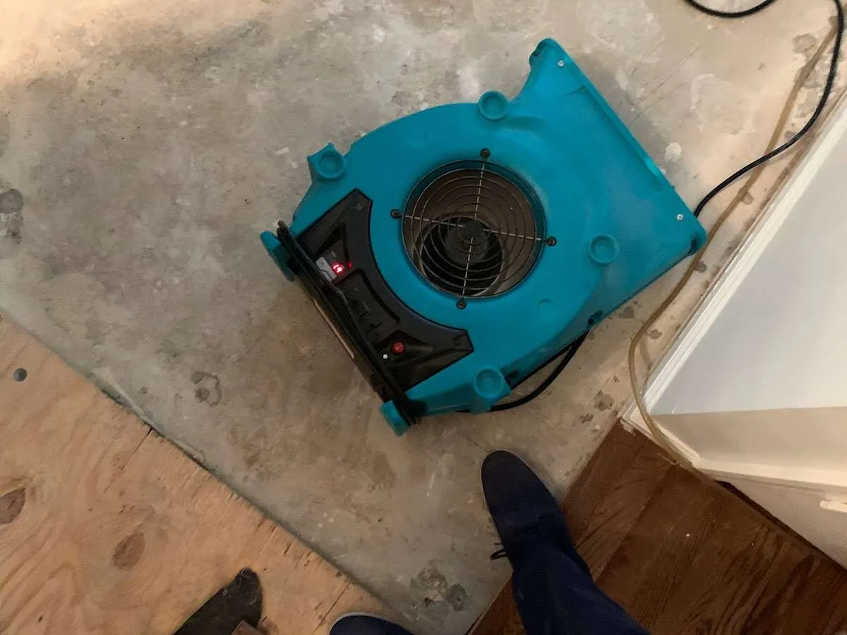 Air mover drying subfloor during Commercial Water Damage Restoration in Amityville